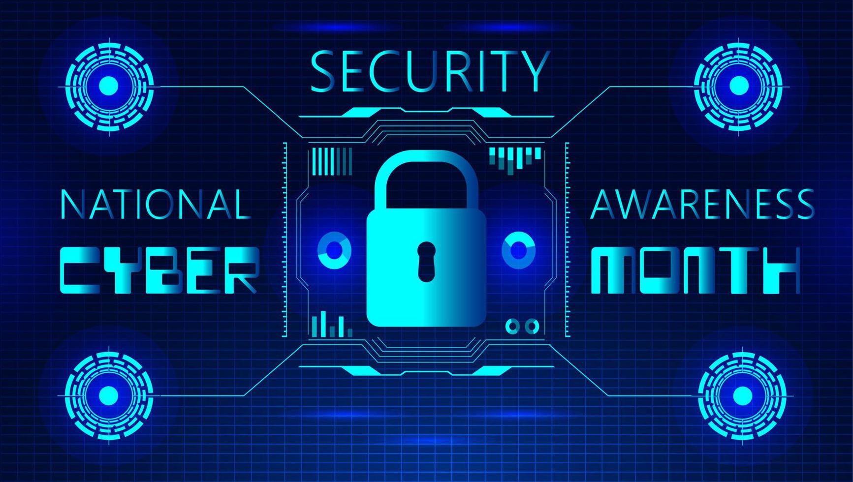 National Cyber Security Awareness Month concept vector. It is observed in October in USA. Hud elements, lock icon, concept vector are shown on ultraviolet background for banner