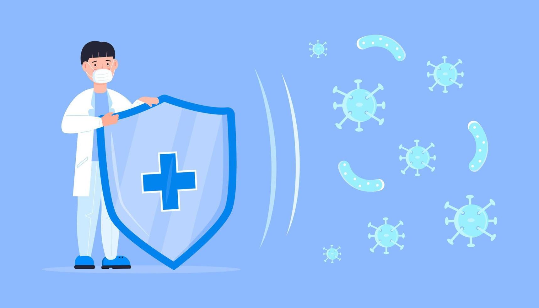 Immune system protection concept vector. The doctor holds a medical shield and protects from the attack of harmful microorganisms, bacteria, viruses. vector