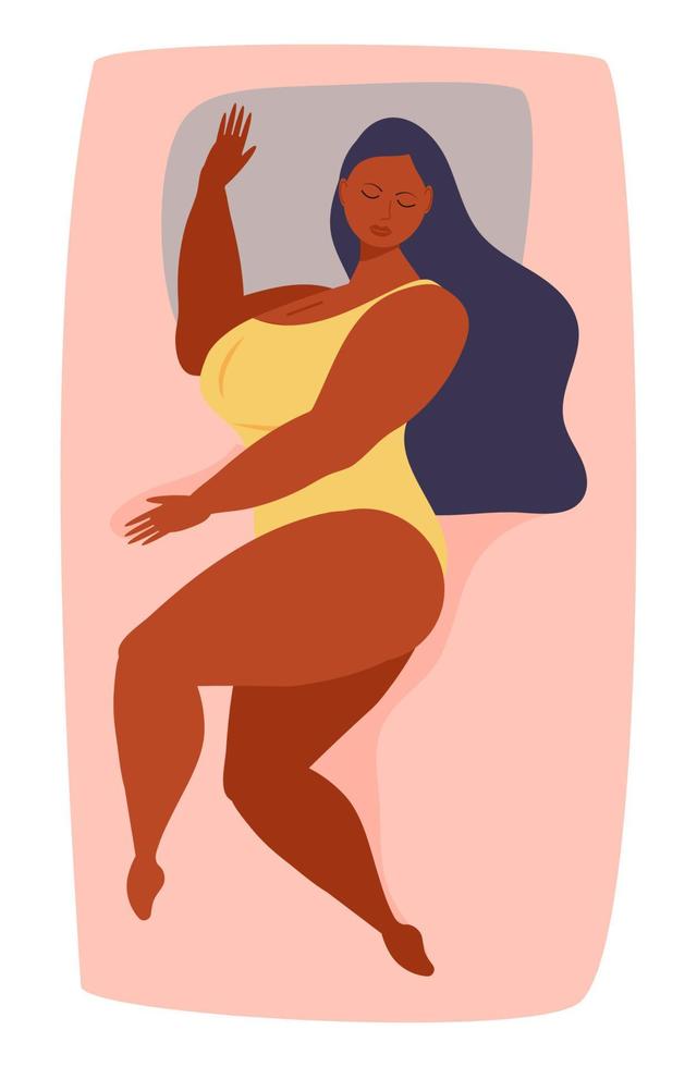 Sleeping woman concept vector. Fat,oversize girl is relaxing on the bed. Comfortable bedtime illustration. vector