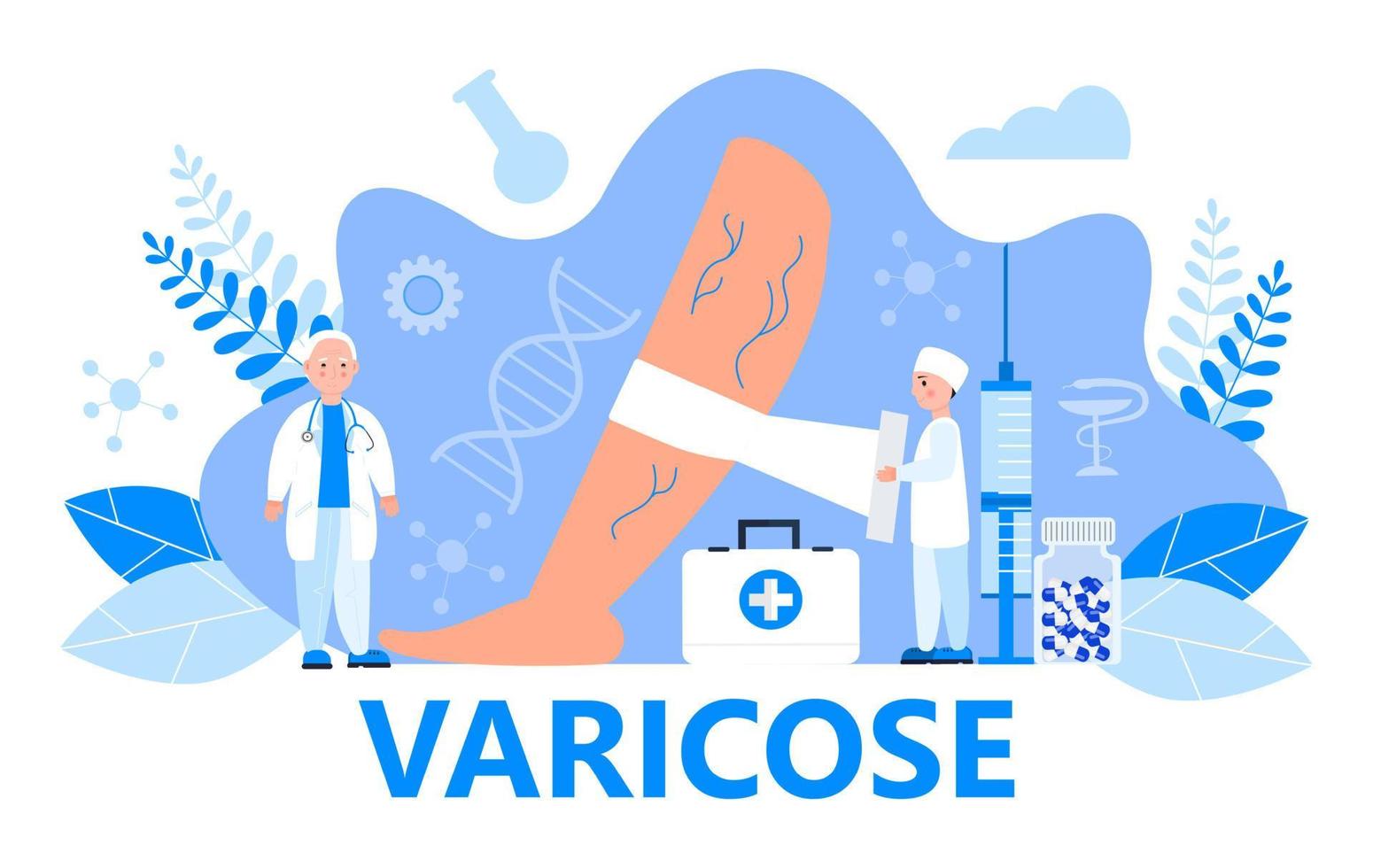 Varicose veins concept vector for medical website. Tiny surgeons, therapists treat vascular diseases, apply tight bandage.