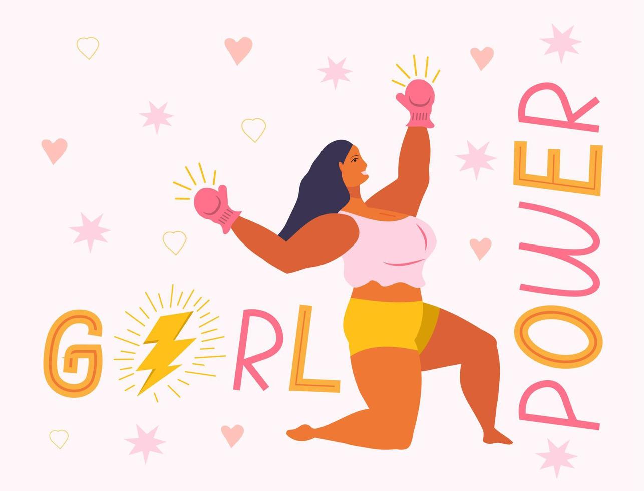 Girl power and feminism concept vector. Latino boxer woman is strong. Thunder lightning in text is shown. Gender equality letterings vector