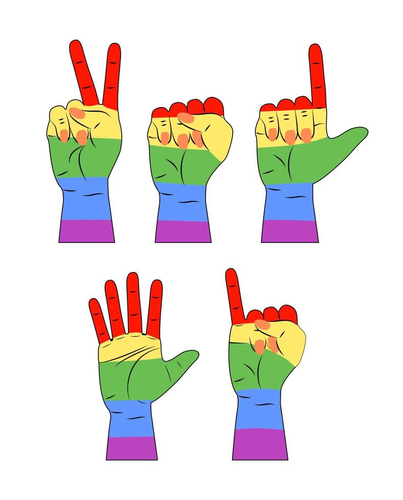 vector de concepto lgbt para camiseta, pancarta, afiche, web en el fondo blanco. las manos están pintadas con los colores del arco iris del orgullo lgbt.