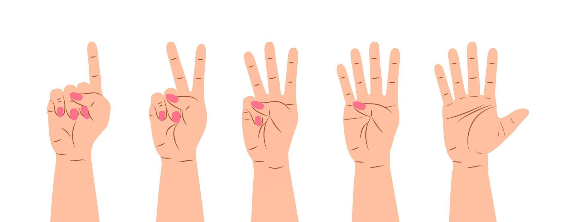 Hand gesture sign vector. Set of counting on fingers. Five wrist icons with finger count in cartoon style. vector