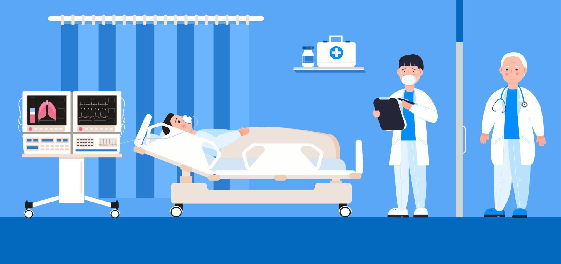 Reanimation equipment for unconscious patients. Intensive care unit clinic with air oxygen sensor for medical ventilation. Doctors treat patient with coronavirus vector. vector