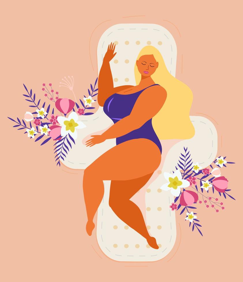 Menstrual health cycle concept vector in flat style. Woman sleeping on a hygiene pad with tropical flower and leaves. Comfort and care for woman.