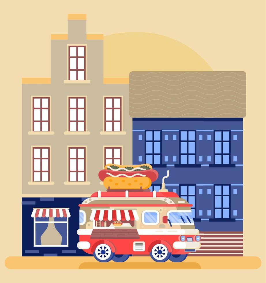 Food truck vector concept. Car with big hot dog. Street truck for selling of fast food. Van with cafe meals