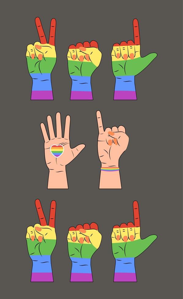 vector de concepto lgbt para camiseta, pancarta, afiche, web en el fondo gris. las manos, el corazón y la pulsera están pintados con los colores del arco iris del orgullo lgbt.