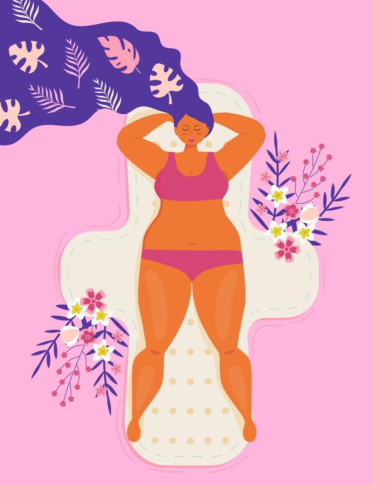 vector de concepto de ciclo de salud menstrual en estilo plano. mujer durmiendo en una almohadilla de higiene con hojas y flores tropicales. comodidad y cuidado de la mujer.