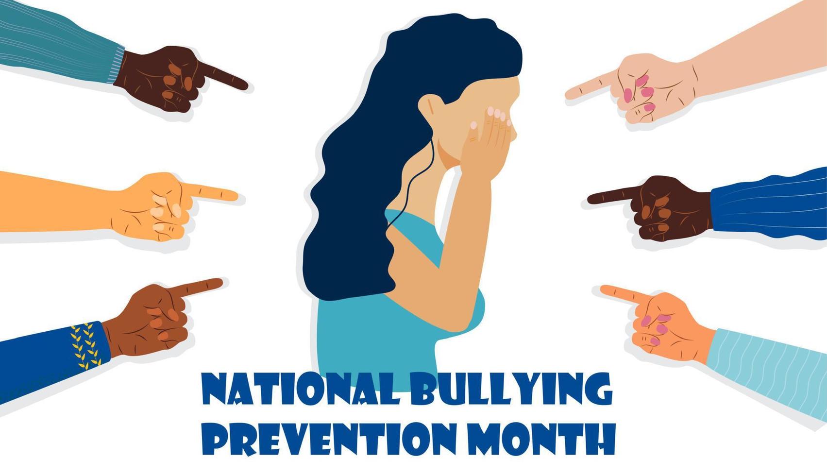 National Bullying Prevention month in October in USA. Victim girl scene in society. Stressed woman in shame and hands with pointing finger. vector