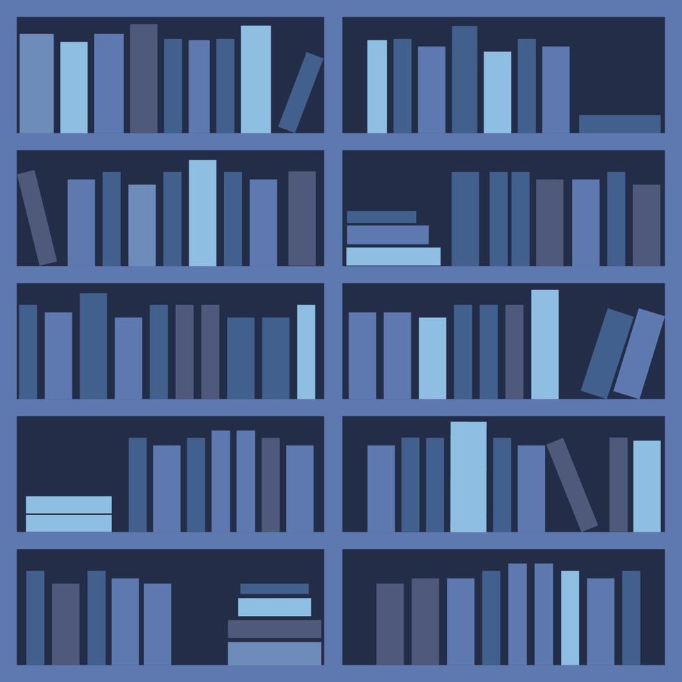 Books on the shelves of the bookcase in blue shadows. Library. Vector illustration. Graphic design.