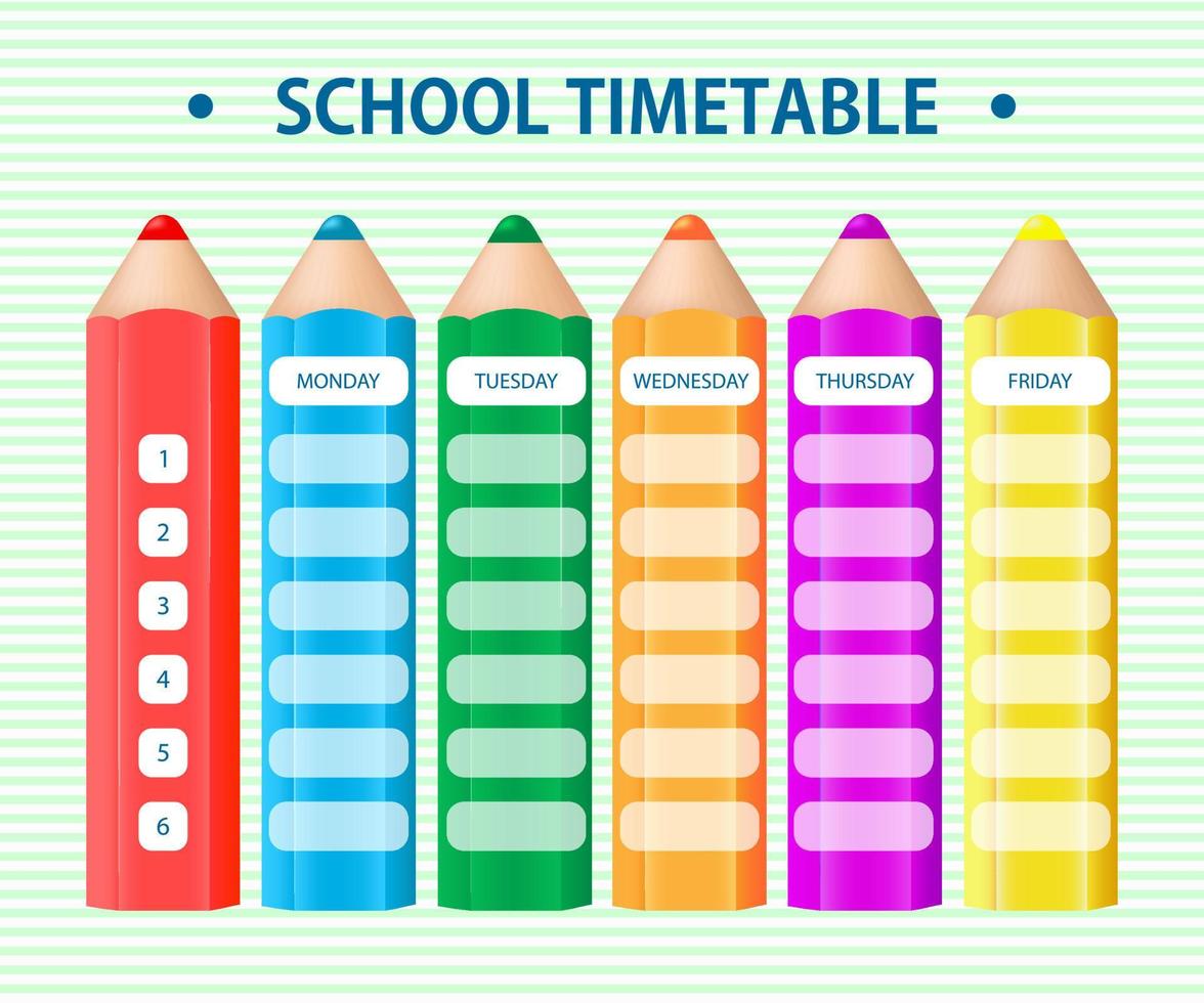 Timetable for elementary school. Weekly planner with big pencils on a striped background. Graphic design. vector