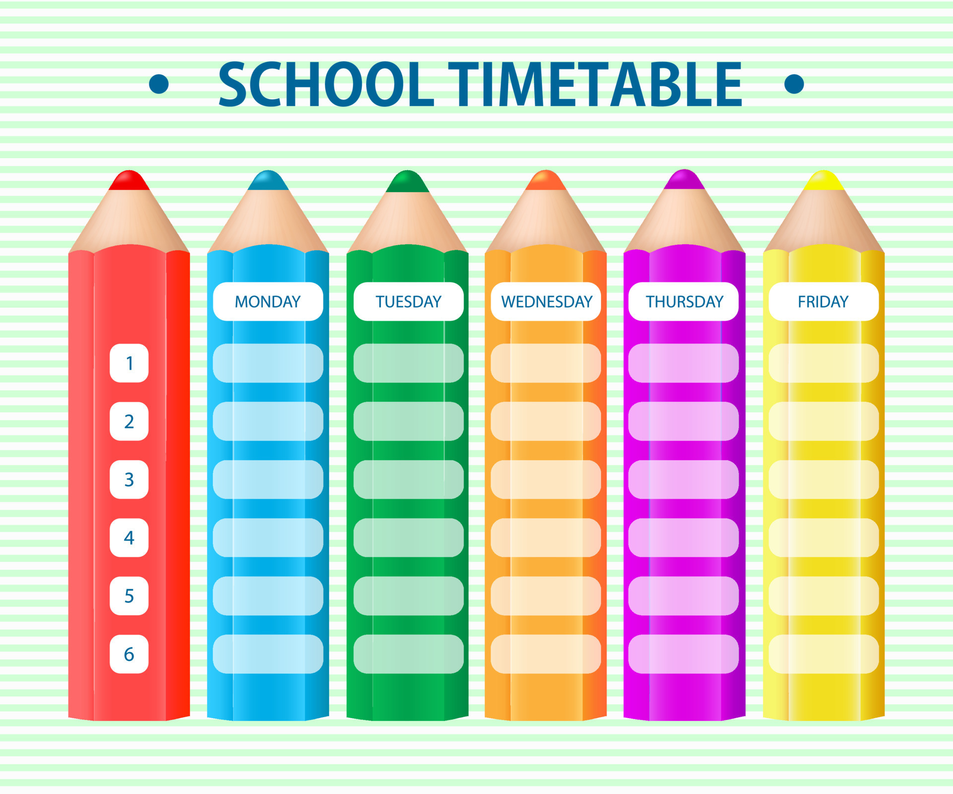 Timetable for elementary school. Weekly planner with big pencils on a  striped background. Graphic design. 9213998 Vector Art at Vecteezy