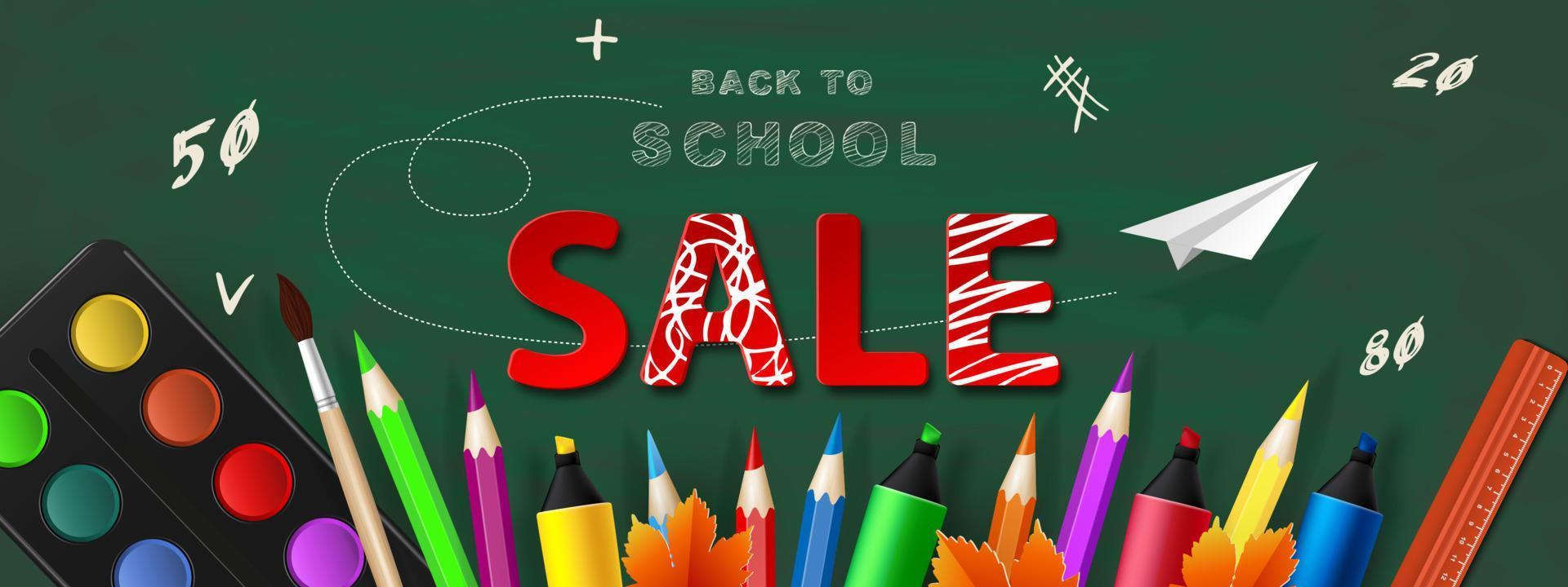 Back to school . Education discount vector banner with sale text and colorful school items on the school board. Vector