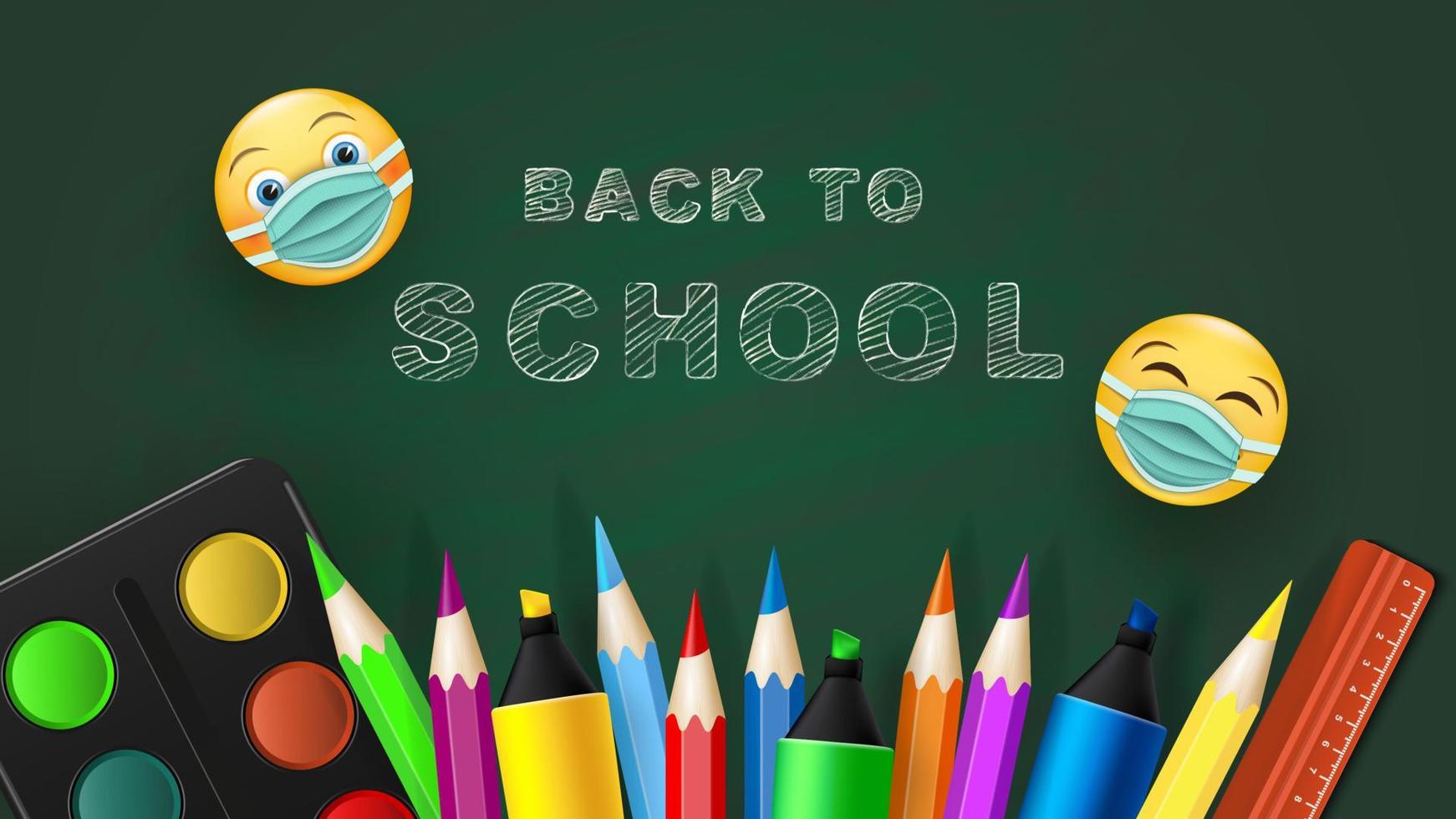 Back to school - blackboard with pencils, markers and chalk lettering. Two cheerful round faces in masks. Vector illustration