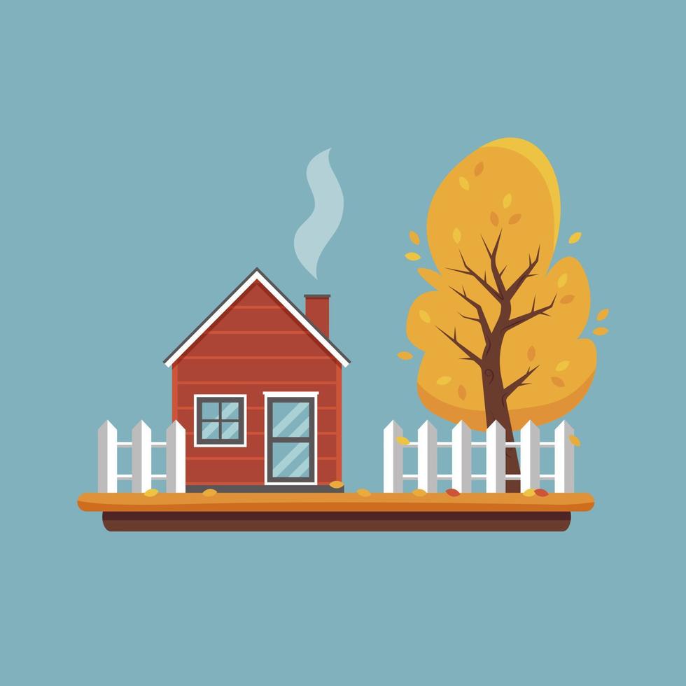 Autumn landscape. Red house, fence and tree with falling leaves. Autumn season in the village. Countryside life. Vector illustration in flat cartoon style.