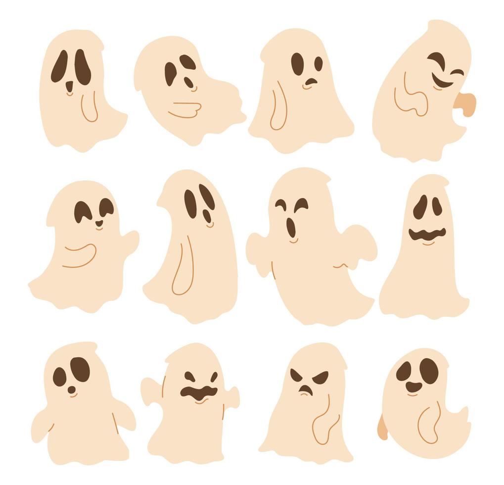 Hand drawn set of Halloween Cute Scary Spooky Ghost Objects Character Elements,  Vector illustration collections bundle set with Aesthetic Character