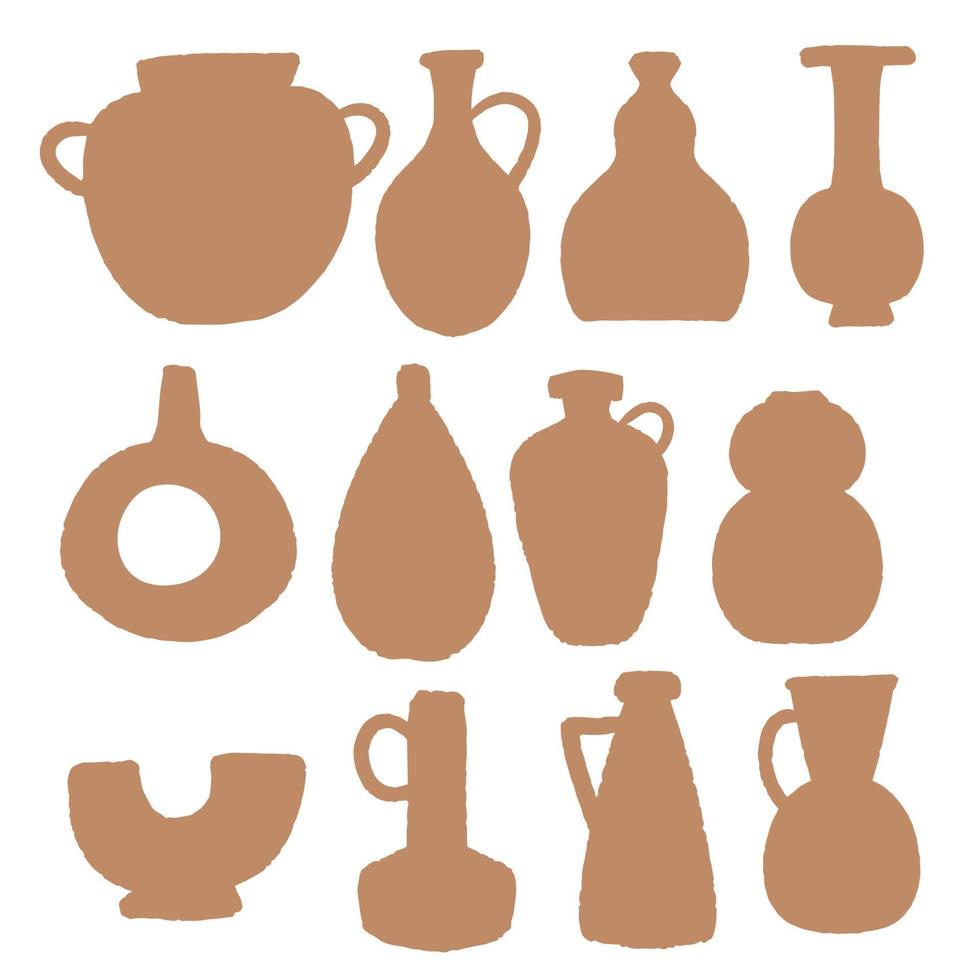 Vintage Set of Brown summer boho pot plant icons element collections. Collection of abstract shape elements ancient antique vase or jar for art print poster, banner, background or flyer. vector