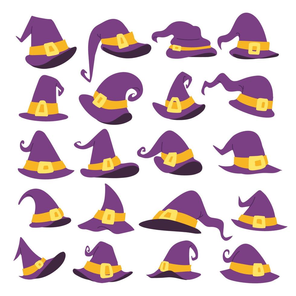 conjunto dibujado a mano de objetos de sombrero de bruja de halloween elementos de carácter, conjunto de colecciones de ilustraciones vectoriales con sombrero de mago vector