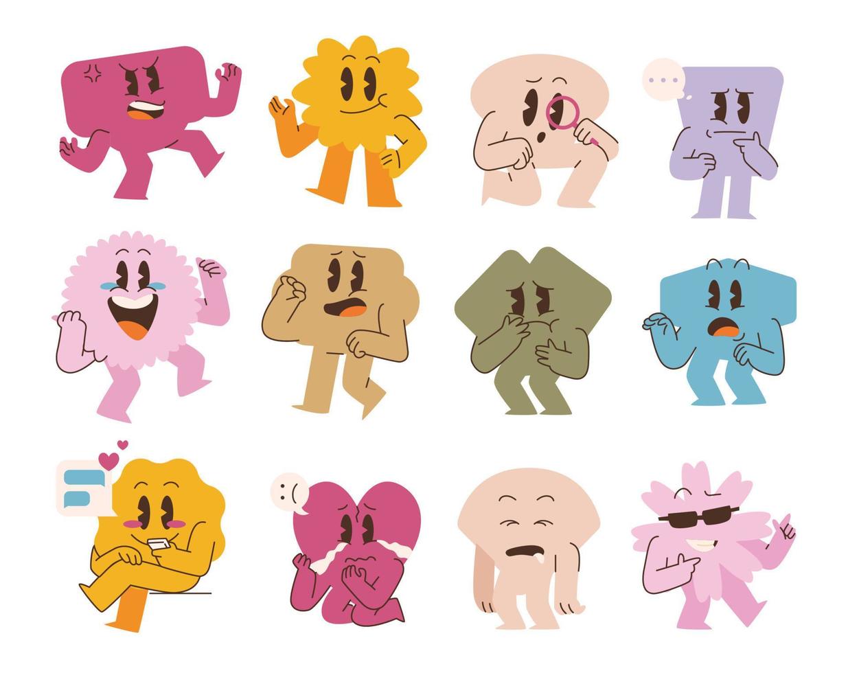 Line Art chunky Hippie Retro hippie stickers, psychedelic groovy set bundle elements. Cute vintage icons Sticker Label in 70s, 80s, 90s style. Flat illustration, emoticon emoji design templates. vector