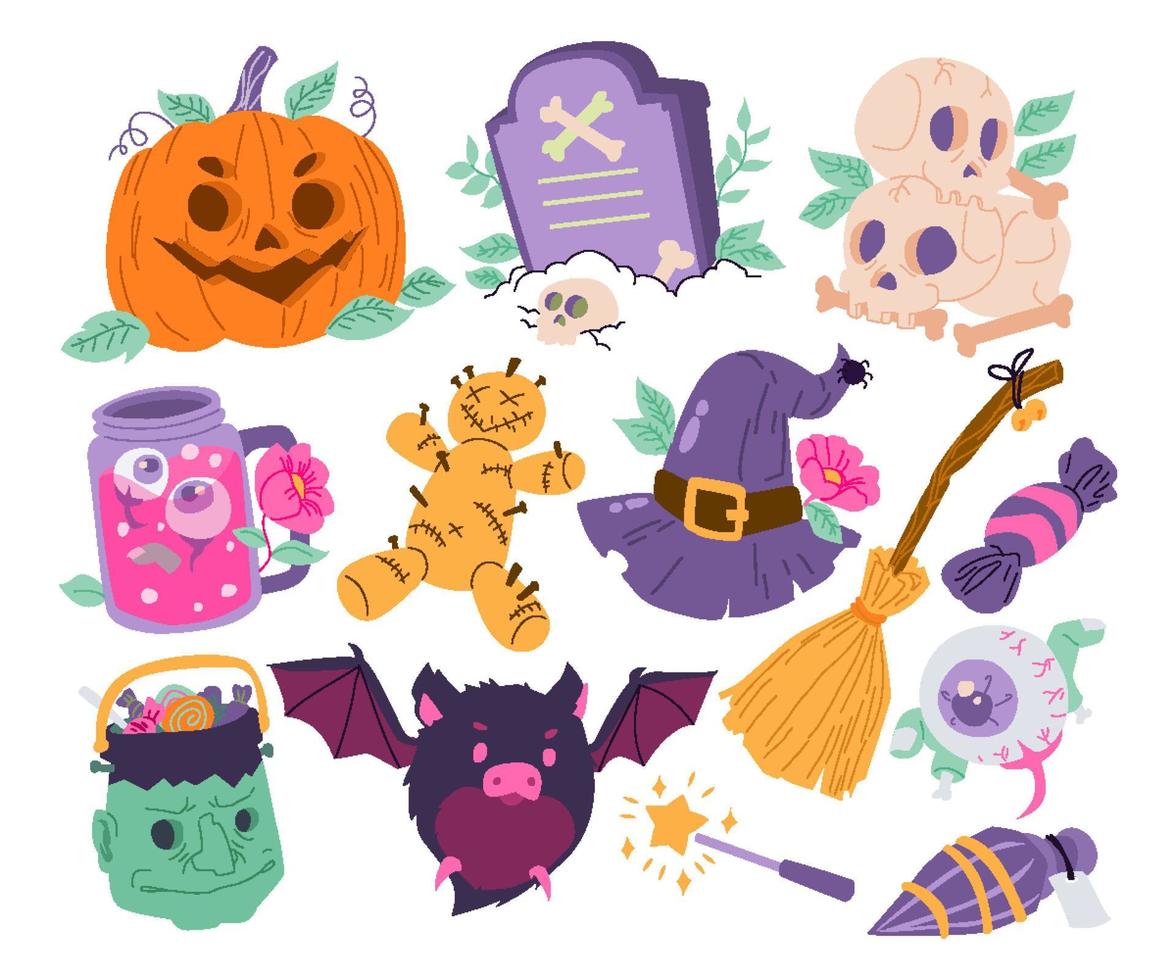 conjunto dibujado a mano de elementos de carácter de objetos de Halloween, colecciones de ilustraciones vectoriales con murciélago, ojo, ataúd, sombrero de bruja, calavera, araña, fantasma, escoba, calabaza y lápida vector