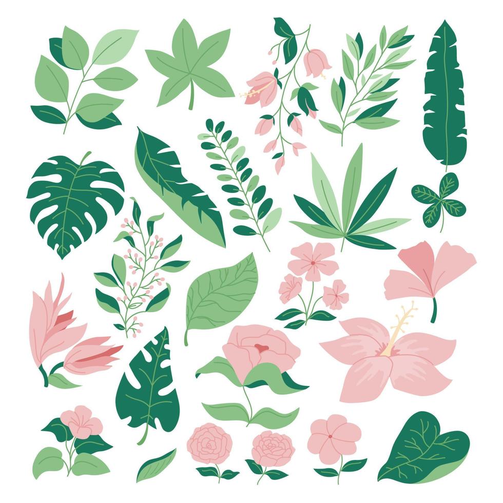 Vintage Set of Green Tropic Flower, Foliage Collection with colorful floral Botanical bundle Elements. Nature of plants garden. Hand drawn Flat Style, suitable for wedding invitation or banner vector