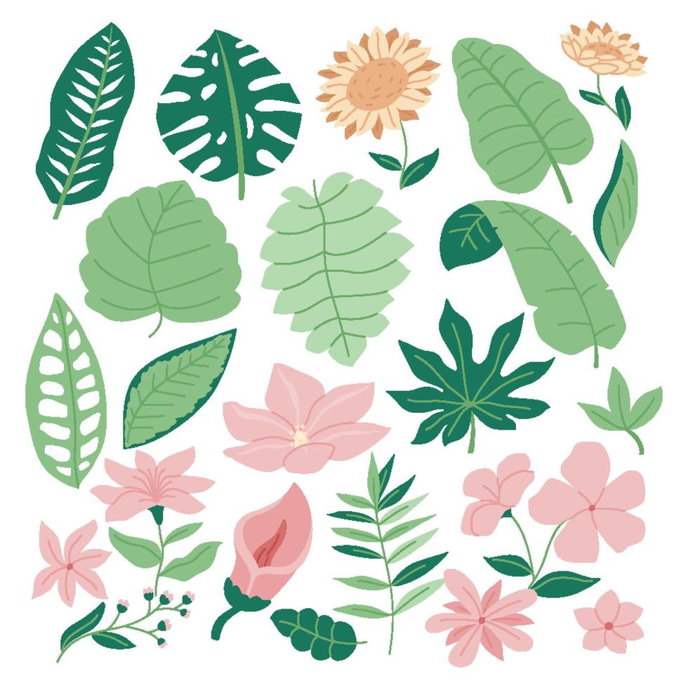 Vintage Set of Green Tropic Flower, Foliage Collection with colorful floral Botanical bundle Elements. Nature of plants garden. Hand drawn Flat Style, suitable for wedding invitation or banner vector