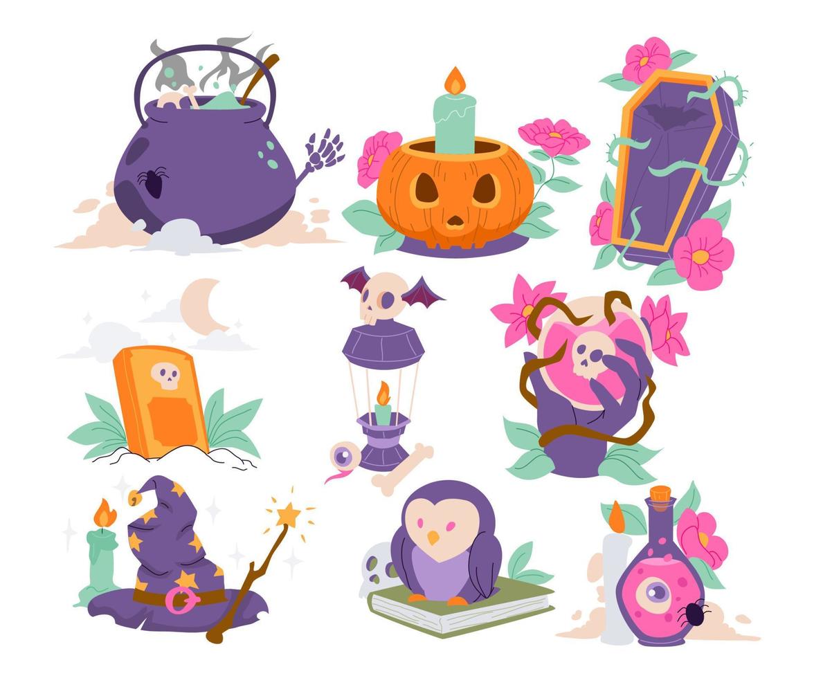 conjunto dibujado a mano de elementos de carácter de objetos de Halloween, colecciones de ilustraciones vectoriales con murciélago, ojo, ataúd, sombrero de bruja, calavera, araña, fantasma, escoba, calabaza y lápida vector