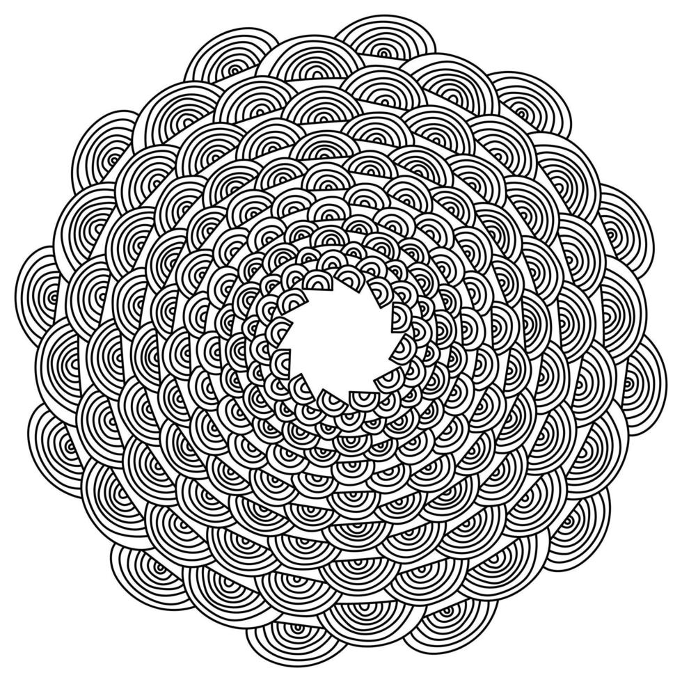 Symmetrical contour zen mandala with many arched lines, anti stress coloring page from simple flowing lines vector