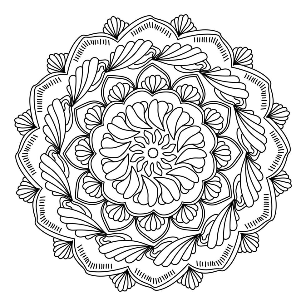 Doodle mandala with petals and curls, antistress coloring page with ornate shapes, round zen illustration with simple motives vector