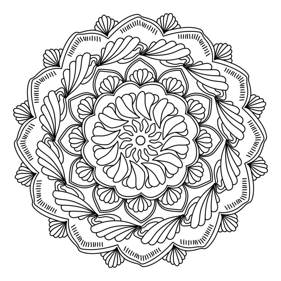 doodle mandala con pétalos y rizos, página de color antiestrés con formas ornamentadas, ilustración zen redonda con motivos simples vector