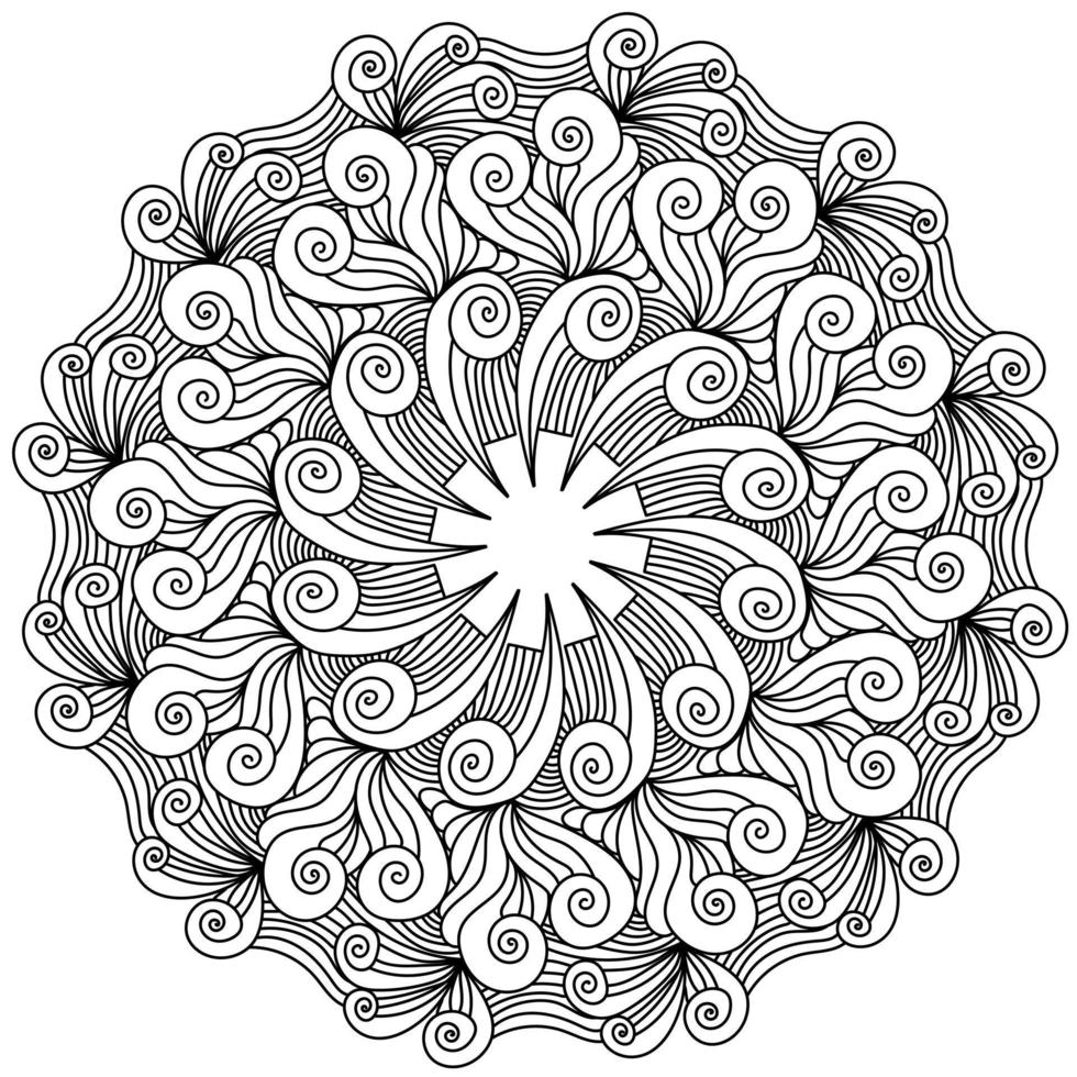 Ornate zen mandala with many spiral curls and tangles, doodle antistress coloring round shape page with fantasy patterns vector