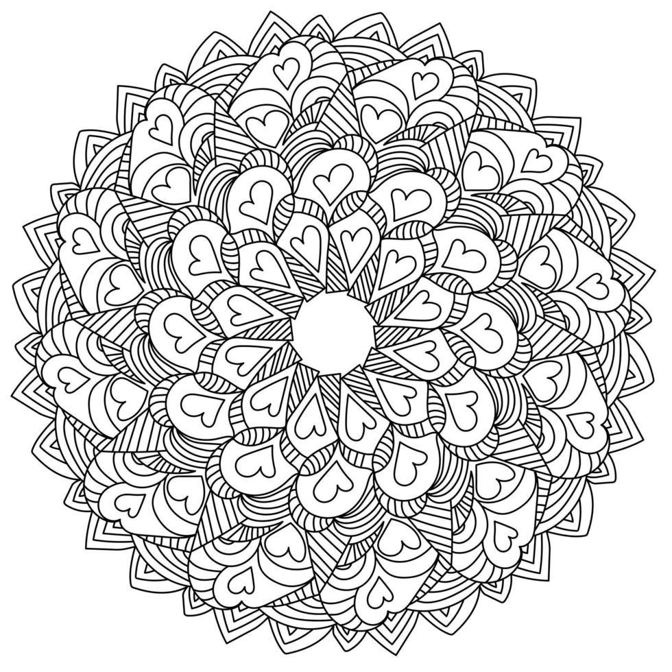 Mandala with hearts and curled arches, zen coloring page with doodle patterns for Valentine's day vector