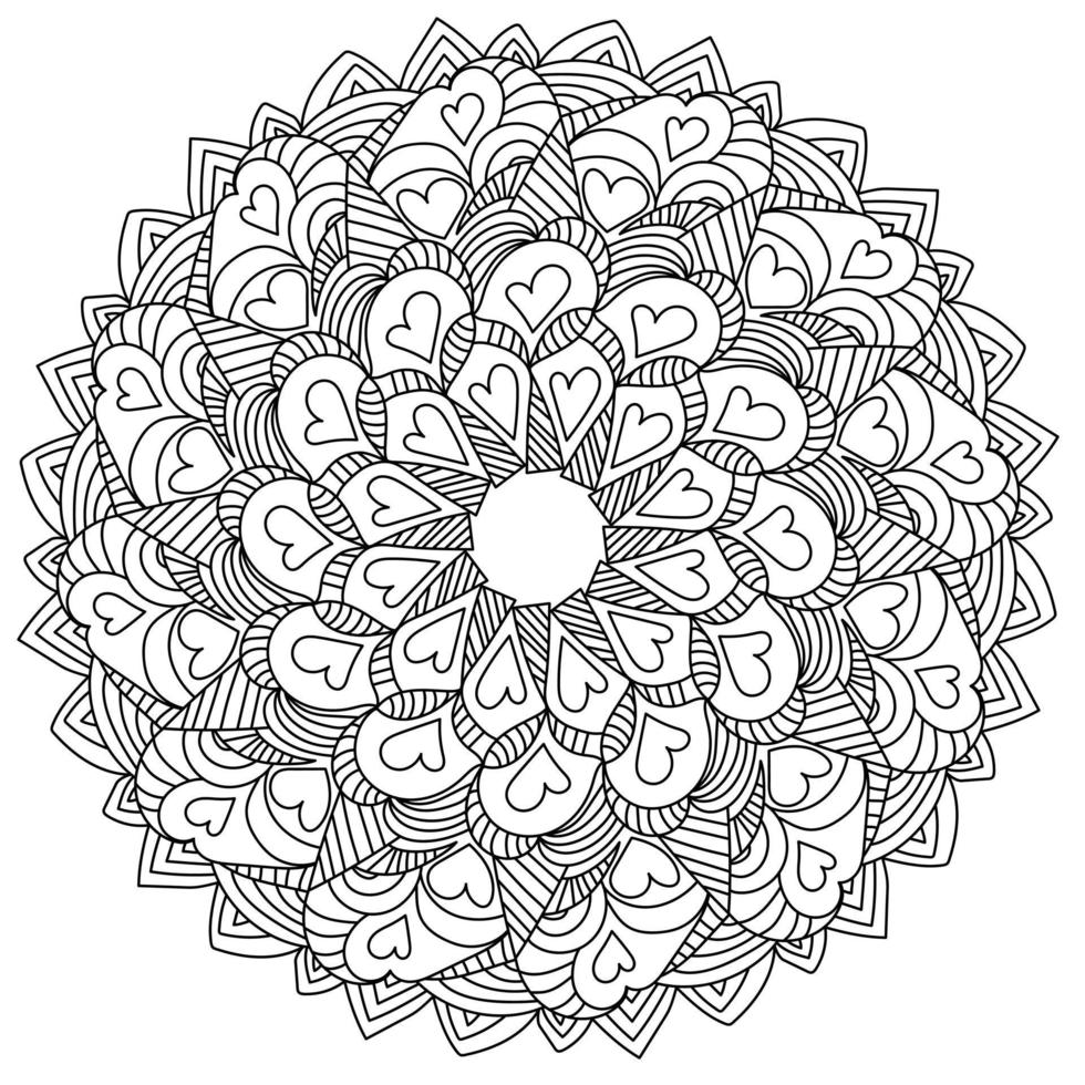 mandala con corazones y arcos rizados, página de color zen con patrones de garabatos para el día de san valentín vector