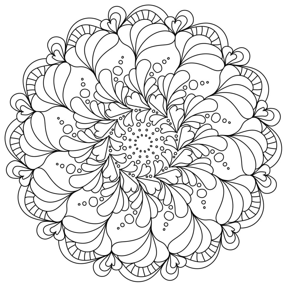 Mandala zen coloring page with hearts and petals, ornate antristress illustration with abstract patterns vector