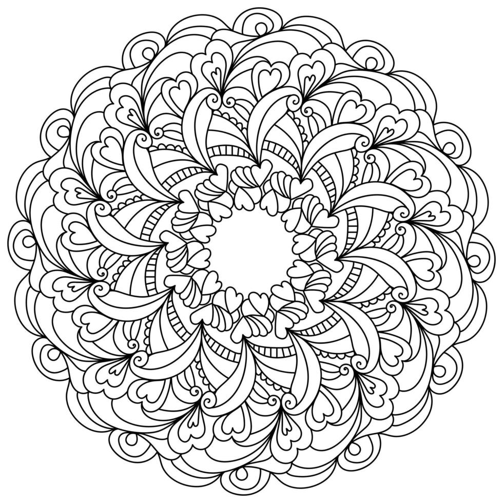 Outline zen mandala of patterns and hearts, Valentine's Day coloring page in the shape of a round anti stress frame vector