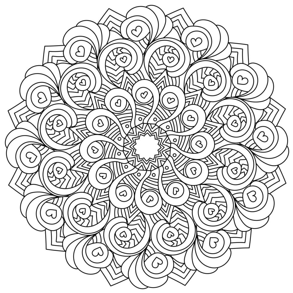 Curls and hearts in contour mandala, anti stress coloring page with zen patterns vector