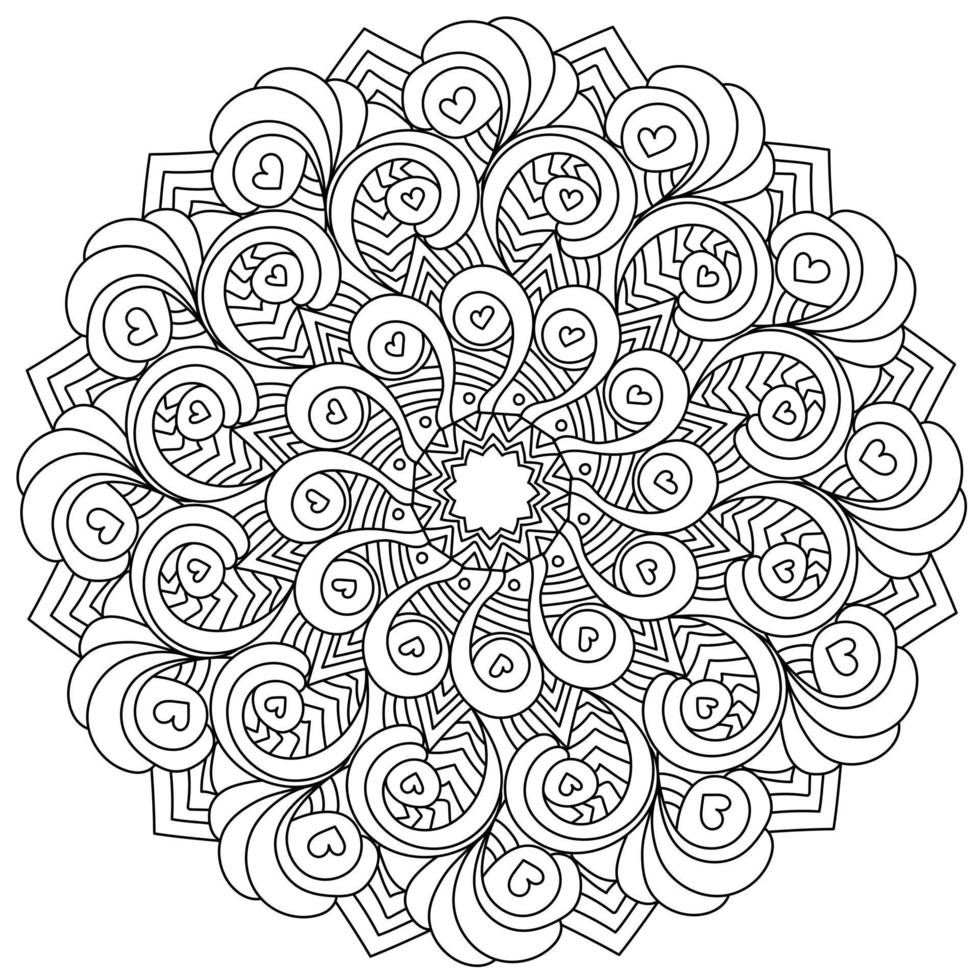 Curls and hearts in contour mandala, anti stress coloring page with zen patterns vector