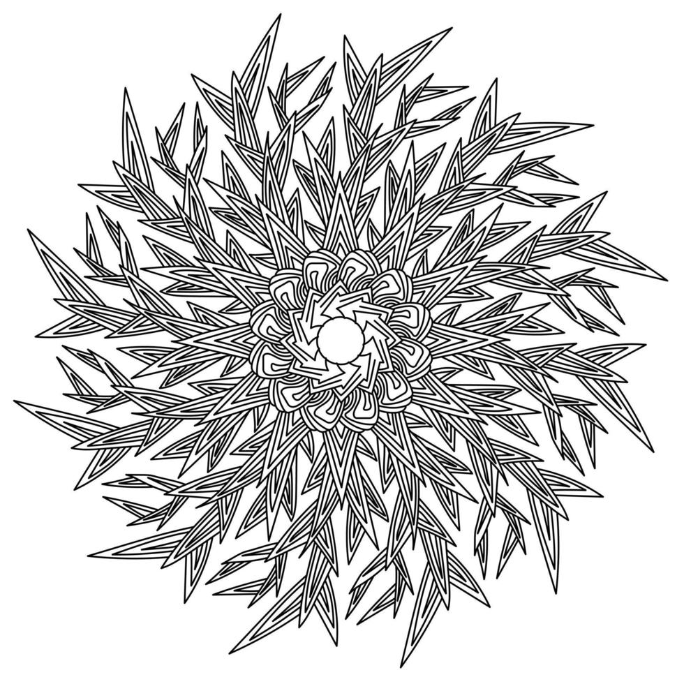 Outline zen mandala snowflake with sharp corners and thorns, frosty patterned winter antistress coloring page, vector