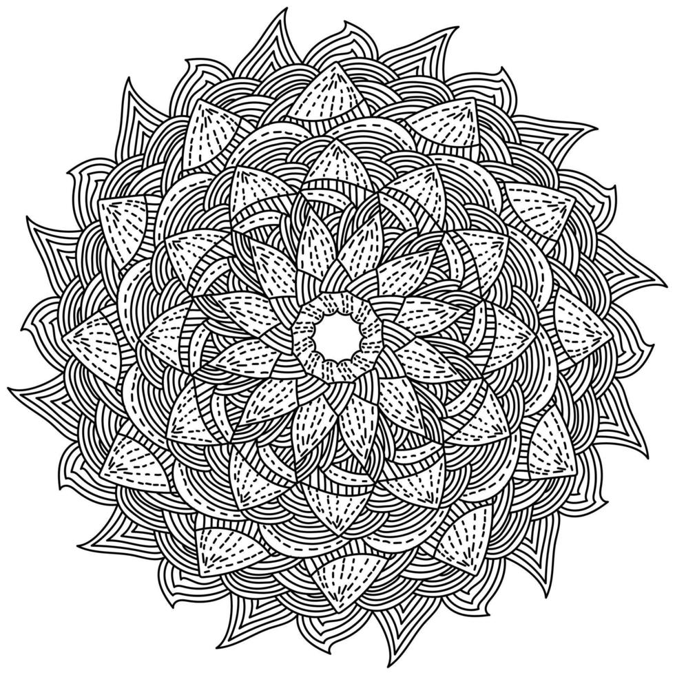 Fantasy zen mandala with shaded striped petals, ornate antistress coloring page with doodle curls and tangles vector