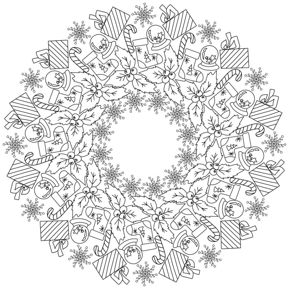 Festive Christmas zen mandala with winter attributes, gift with bow, holly and winter ball, circle doodles frame antistress coloring page vector