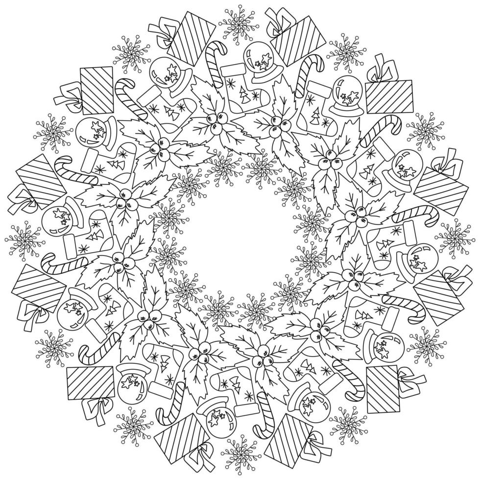 mandala zen de navidad festiva con atributos de invierno, regalo con lazo, acebo y bola de invierno, marco de garabatos circulares página para colorear antiestrés vector