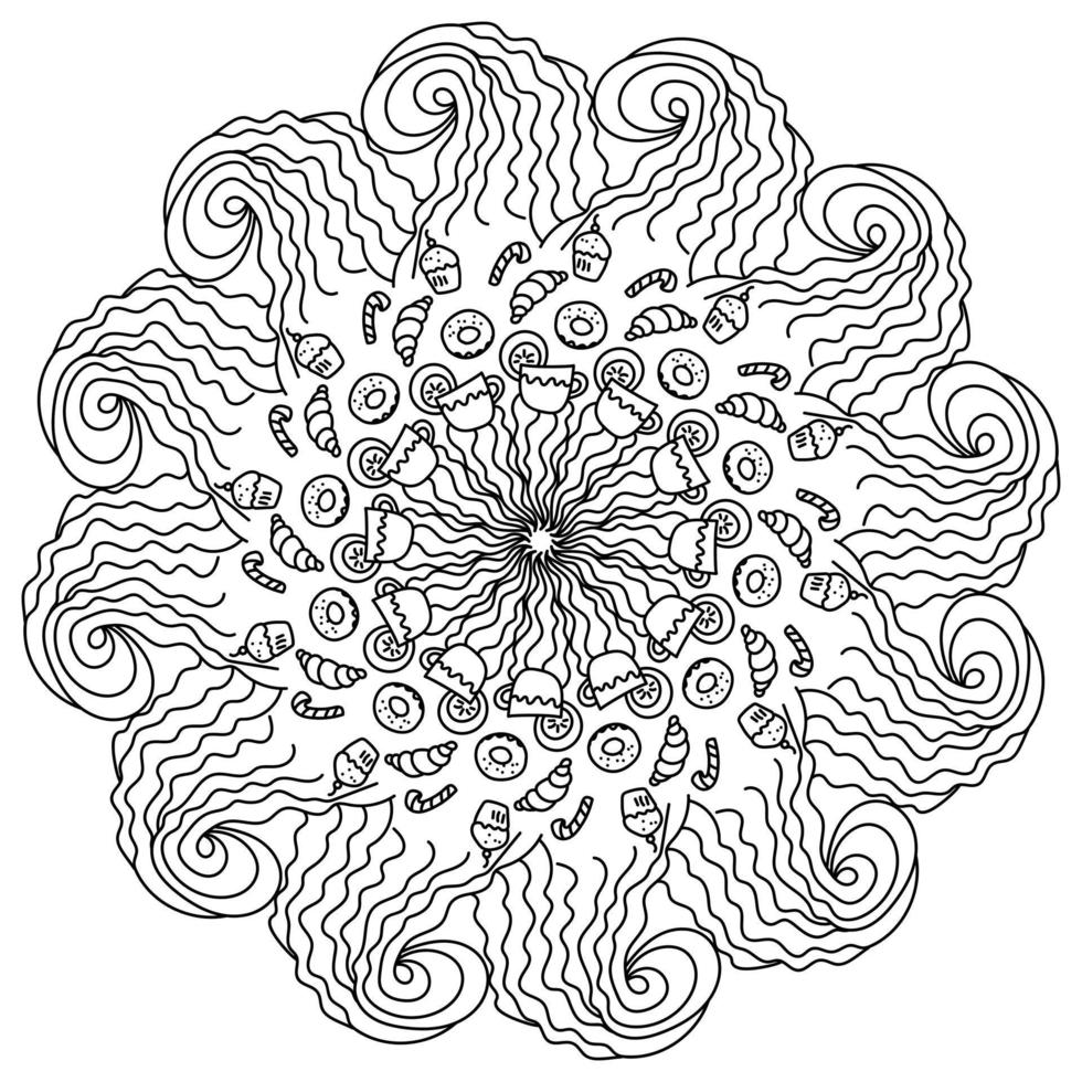 Antistress mandala with drink and sweet pastries, contour coloring page with zen waves and patterns vector