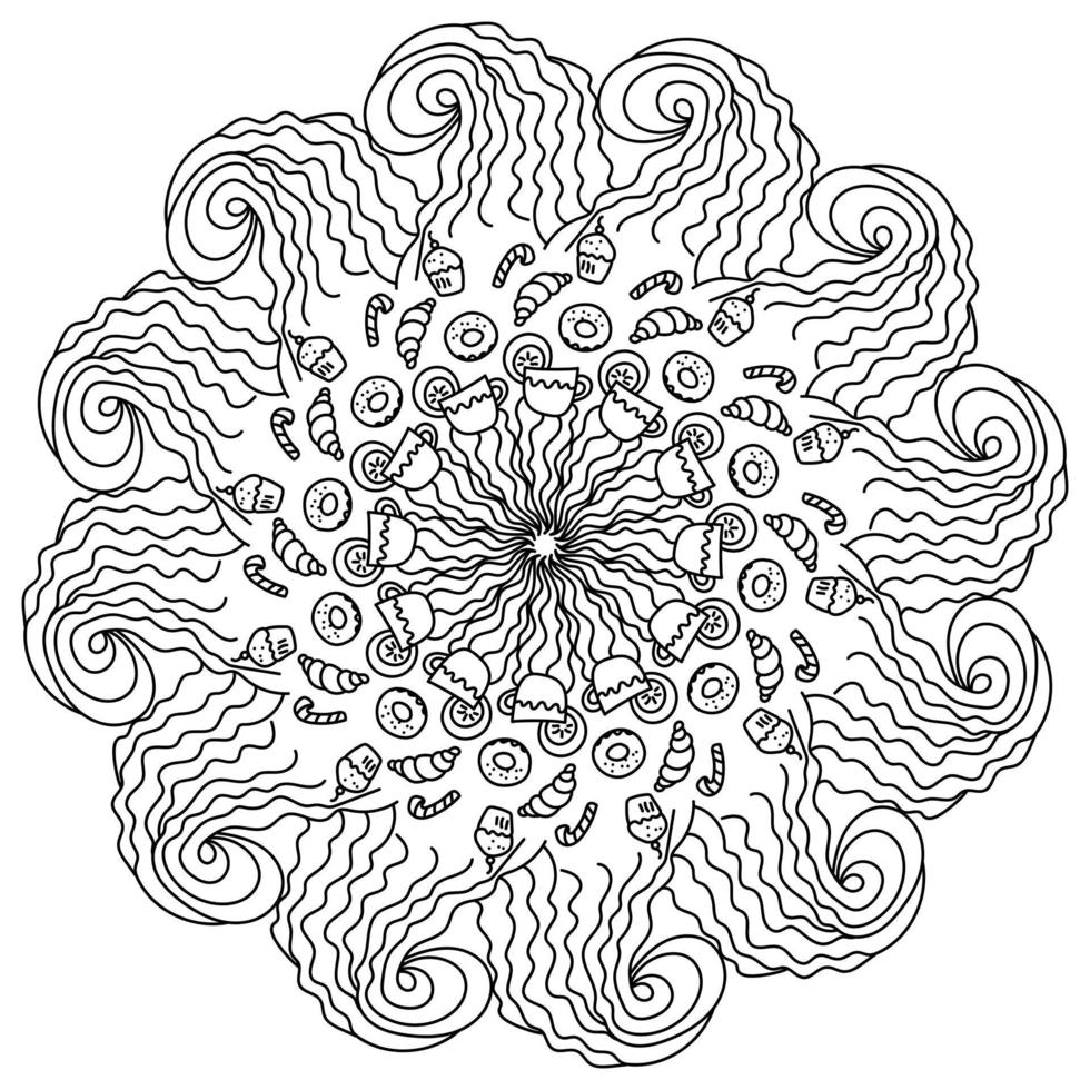 Antistress mandala with drink and sweet pastries, contour coloring page with zen waves and patterns vector