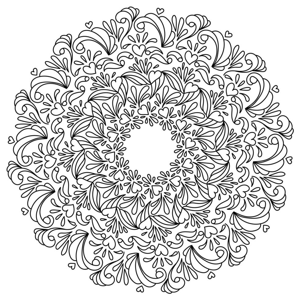 Cute mandala coloring book with hearts and ornate drops, circle zen frame with doodles and outline elements vector