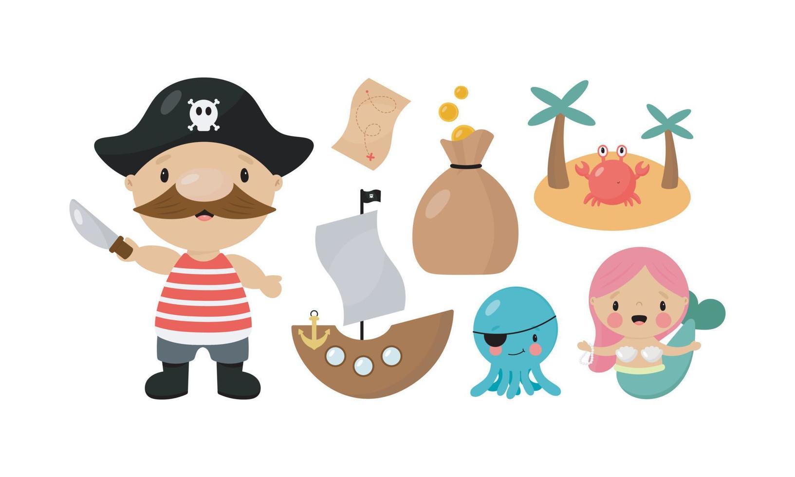 Pirate set. Pirate, octopus, ship, island, map, mermaid, bag of gold. Good for birthday cards, invitations, stickers, prints etc. Vector illustration in cartoon style. Isolated on a white background.