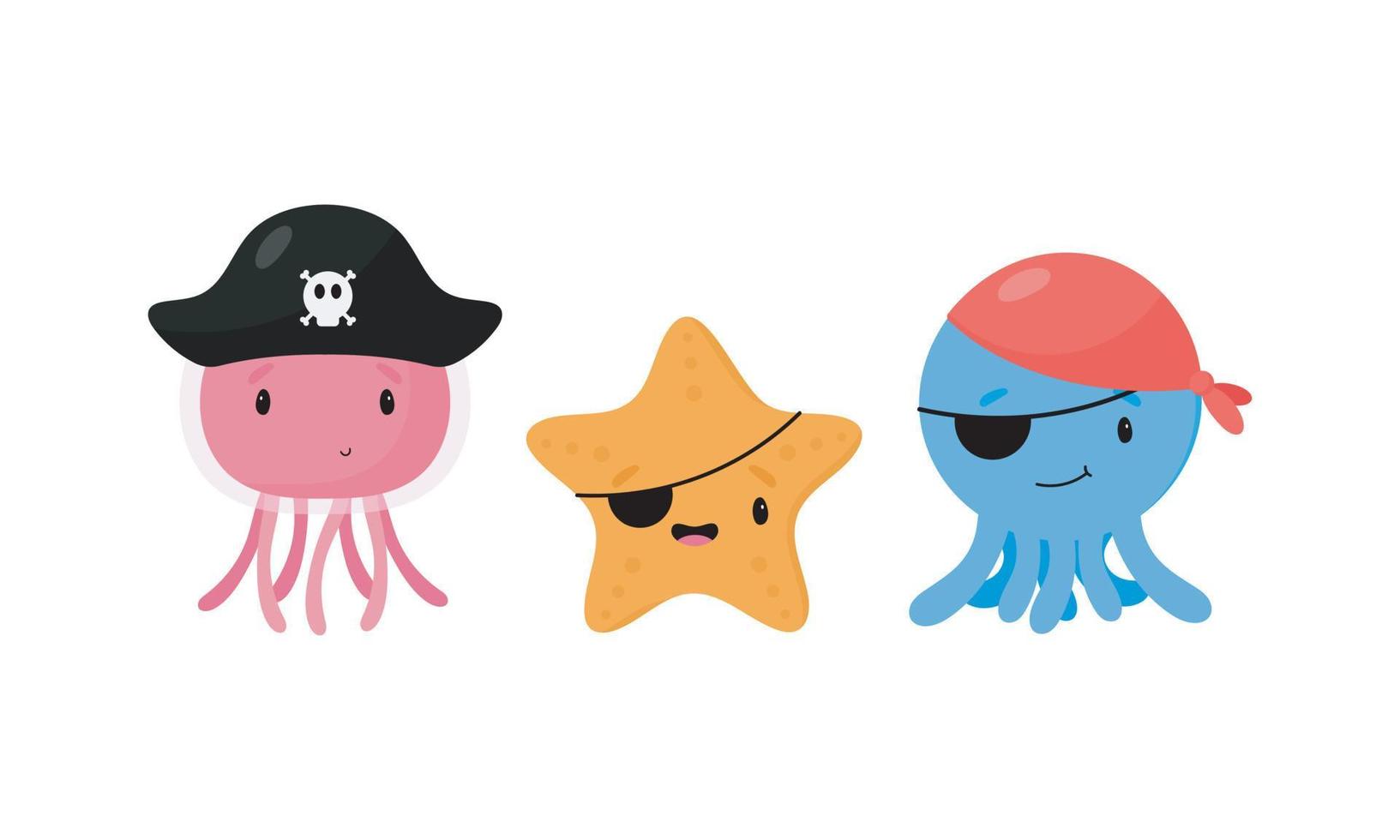 divertidos personajes marinos disfrazados de piratas. ilustración vectorial en estilo de dibujos animados. Aislado en un fondo blanco. vector