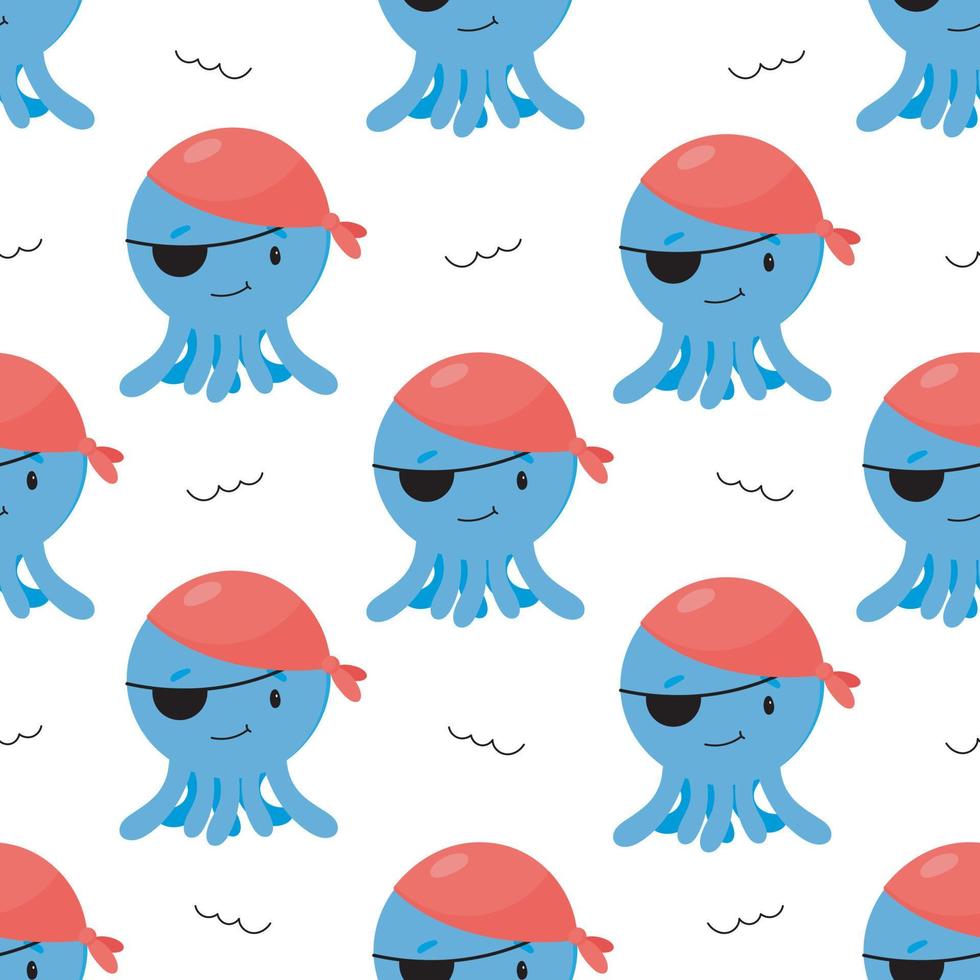 Seamless Pirate Pattern with octopus in Pirate costume. Vector illustration in cartoon style. For posters, banners, card, printing on the pack, paper, printing on clothes, fabric, wallpaper.