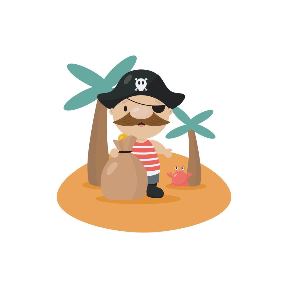 Pirate on the island. Good for birthday cards, invitations, stickers, prints etc. Vector illustration in cartoon style. Isolated on a white background.