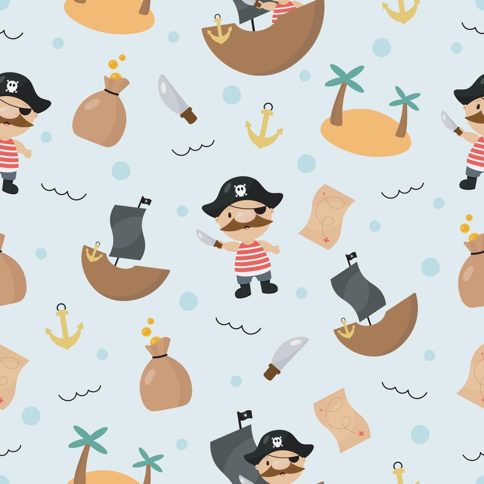 Seamless Pirate Pattern. Vector illustration in cartoon style. For posters, banners, card, printing on the pack, paper, printing on clothes, fabric, wallpaper.