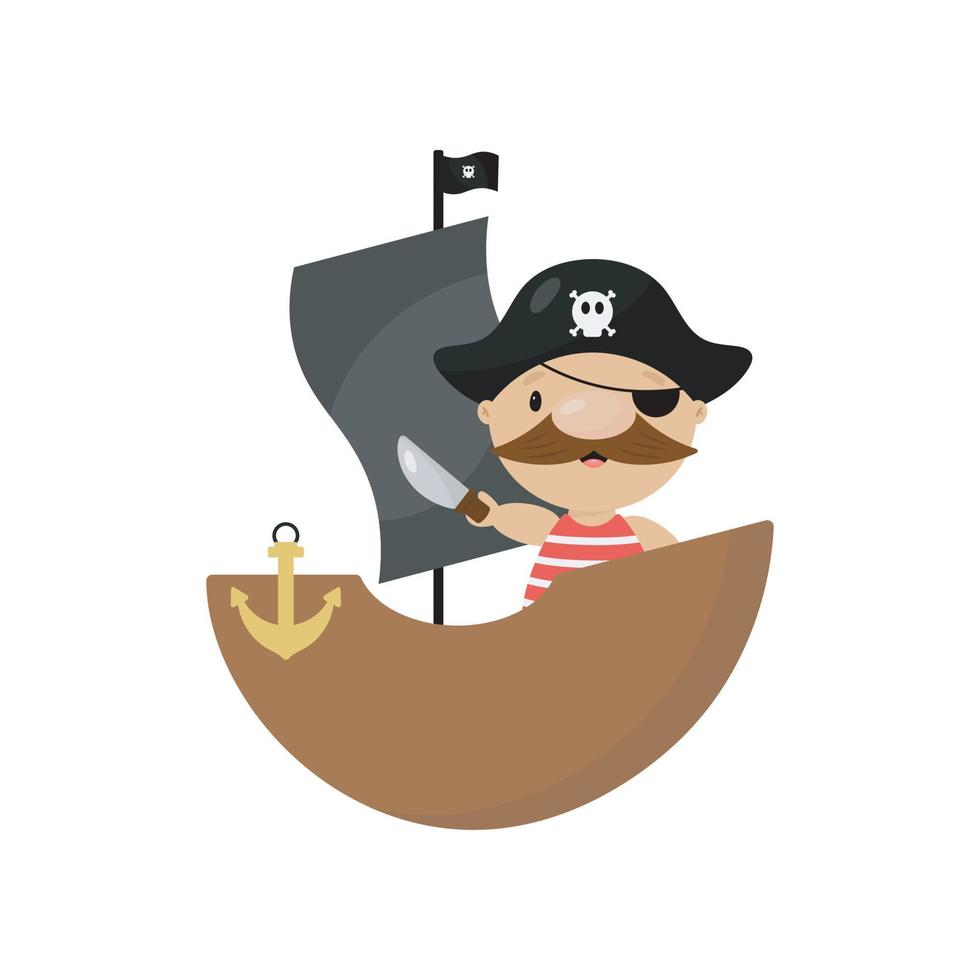 Pirate on the ship. Good for birthday cards, invitations, stickers, prints etc. Vector illustration in cartoon style. Isolated on a white background.